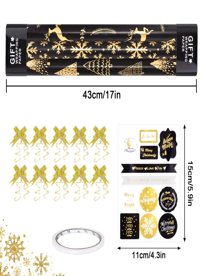Toptime Christmas Wrapping Paper Roll, 17In x120In Black Gold Gift Wrapping Paper with Gift Bows Stickers, Metallic Foil Wrapping Paper w/Snowflake Christmas Tree Reindeer Design for Holiday New Year - Image 2